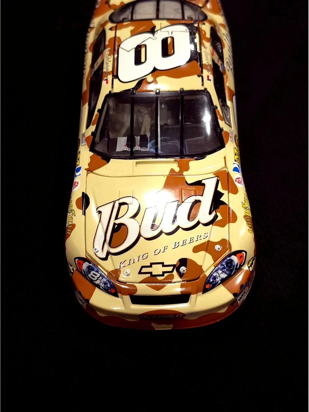 Budweiser #8 NASCAR Diecast Model Car with Camouflage Design